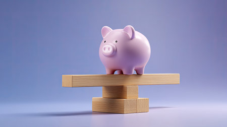 A playful pink piggy bank balanced on wooden block, symbolizing savings and financial stability. soft colors and simple design evoke sense of fun and creativityの素材