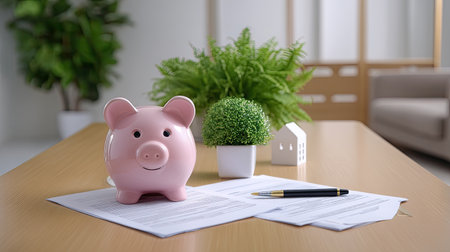 A pink piggy bank sits on top of mortgage loan documents, symbolizing savings and financial planning. small plant and house model add touch of greenery and homeownership aspirationsの素材