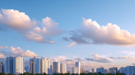 A modern skyscrapers rise against backdrop of soft golden twilight, showcasing serene urban landscape. clouds drift gently, adding touch of tranquility to city skylineの素材