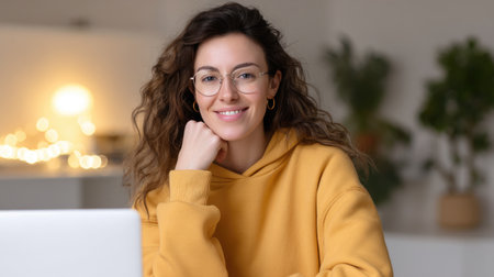 A young woman with curly hair is smiling while sitting at desk, wearing yellow hoodie and glasses. she appears relaxed and engaged, with warm atmosphere created by soft lighting in backgroundの素材