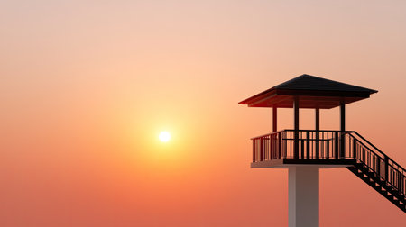 A tall observation tower stands silhouetted against glowing sunset, creating serene and tranquil atmosphere. structure features roof and staircase, enhancing its architectural appealの素材