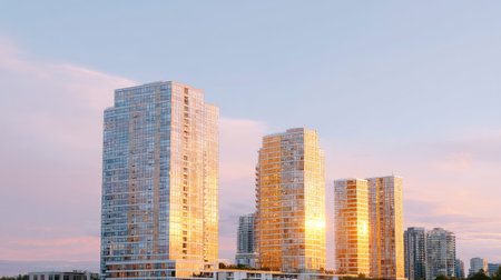 A tall city towers reflecting golden sunlight create stunning urban landscape at sunset, showcasing modern architecture and vibrant colors in skyの素材