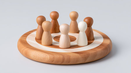 A teamwork and leadership concept with wooden figures arranged in circle on circular wooden base, symbolizing collaboration and unity. warm tones evoke sense of harmony and togethernessの素材