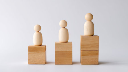 A three wooden human figures on stacked wooden blocks create minimalist and artistic display. figures vary in size, showcasing sense of balance and harmony in designの素材