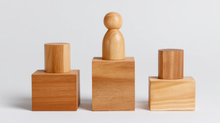 A simple wooden figures arranged on light background create minimalist aesthetic. these natural wood toys evoke sense of calm and creativity, perfect for play or decorationの素材