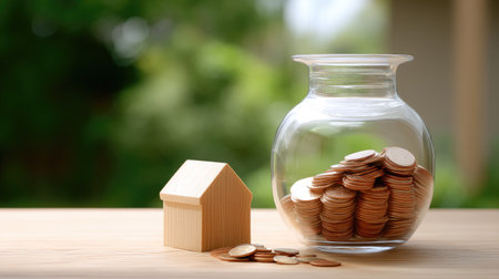 A transparent savings jar filled with coins sits next to wooden house model, symbolizing financial growth and savings. serene background enhances feeling of stability and prosperityの素材