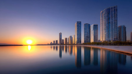 A stunning coastal skyline featuring modern skyscrapers reflecting vibrant colors of sunset over calm waters, creating serene and picturesque atmosphereの素材