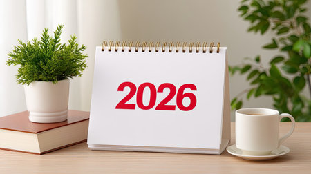 A white calendar page displays bold red numbers 2026, symbolizing upcoming year. scene is complemented by small potted plant, stack of books, and cup, creating serene workspace atmosphereの素材