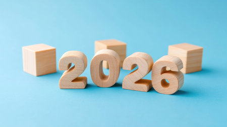 A 2026 wooden numbers and cubes arranged on bright blue background create playful and modern aesthetic, perfect for celebrating milestones or future eventsの素材