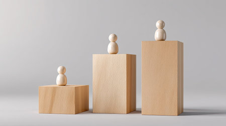 A wooden blocks arranged at varying heights with small figures on top, creating visually appealing composition that evokes sense of balance and simplicityの素材