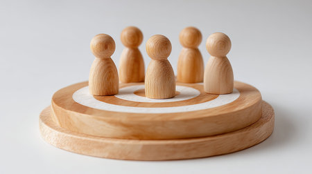 A wooden figures arranged on circular wooden base with bullseye target design, symbolizing teamwork and focus. natural wood finish adds warmth and sense of creativityの素材
