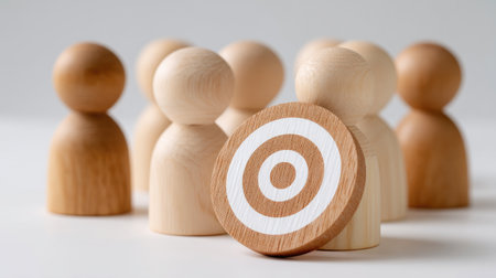 A wooden bullseye disc among group of simple wooden figures, symbolizing focus and teamwork. warm tones create harmonious atmosphere, emphasizing collaboration and goal settingの素材