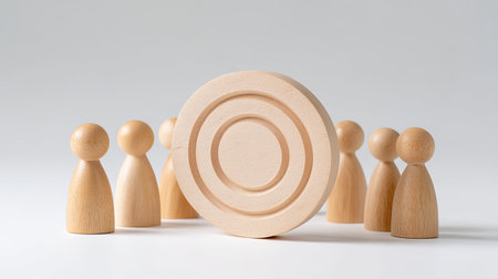 A wooden target icon disc surrounded by group of wooden figures, symbolizing teamwork and focus. scene conveys sense of collaboration and goal orientationの素材