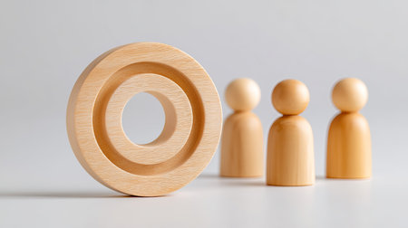 A wooden target icon disc surrounded by group of wooden figures, symbolizing teamwork and collaboration. warm tones of wood create calming atmosphere, enhancing focus and creativityの素材