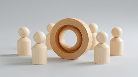 A wooden target icon disc surrounded by group of wooden figures, creating harmonious and artistic arrangement. simplicity of design evokes sense of creativity and collaborationの素材