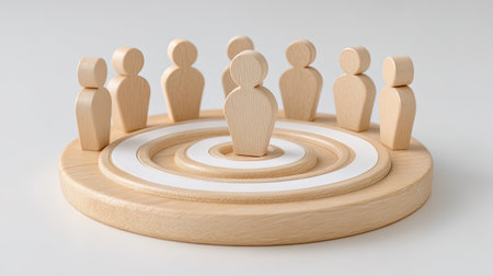 A wooden target disc with figures representing teamwork and collaboration, symbolizing focus and unity in group setting. design emphasizes connection and strategyの素材