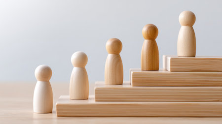 A wooden peg figurines arranged on wooden steps, showcasing minimalist design and natural materials. figures vary in color and size, creating harmonious and artistic displayの素材