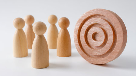 A wooden target icon disc surrounded by group of wooden figures, symbolizing focus and teamwork. scene conveys sense of collaboration and goal orientationの素材