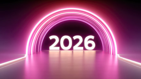 A vibrant neon glowing tunnel leads to year 2026, creating futuristic atmosphere filled with excitement and anticipation. bold colors and sleek design evoke sense of modernity and innovationの素材
