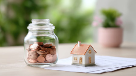 A savings jar filled with coins sits next to small model house on top of financial documents, symbolizing importance of saving for home ownership and financial planningの素材