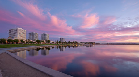 A serene coastal skyline features modern towers reflecting in calm waters under vibrant sunset sky filled with pink and purple hues, creating tranquil atmosphereの素材