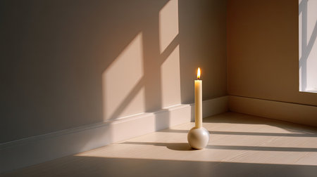 A candle stands elegantly in dimly lit room, casting dramatic shadows on walls and floor, creating serene and peaceful atmosphere. warm glow of flame enhances tranquil ambianceの素材