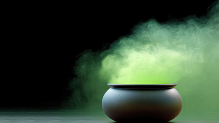 A closeup of bubbling green potion inside cauldron, emitting mystical green smoke that creates enchanting atmosphere. scene evokes sense of magic and mysteryの素材