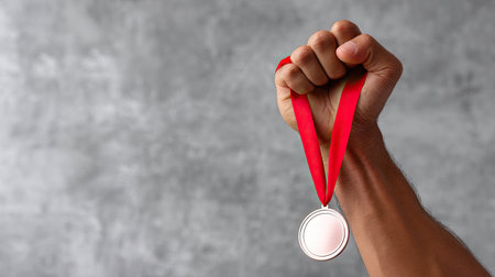 A raised fist holding medal with red ribbon symbolizes achievement and celebration. image conveys sense of victory and pride, showcasing importance of recognition in sports or competitionsの素材