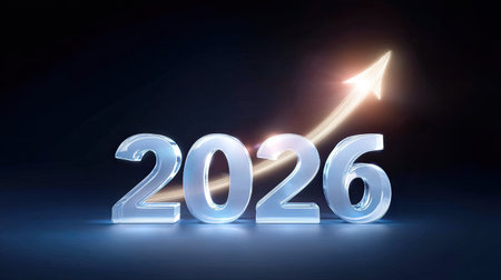 A 2026 represents futuristic vision with glowing arrow indicating growth and progress. this digital artwork symbolizes optimism and advancement in coming yearsの素材