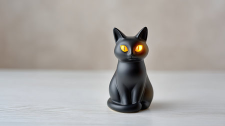 A closeup of black cat figurine with glowing yellow eyes, showcasing sleek design and modern aesthetic. this charming piece adds whimsical touch to any decorの素材