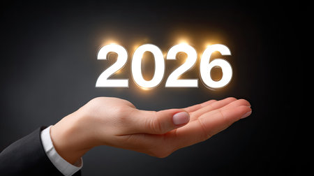 A closeup of business hand holding glowing number 2026, symbolizing future opportunities and growth in professional setting. hand is elegantly positioned against dark backgroundの素材