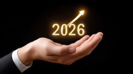 A closeup of businessman hand holding upward with year 2026 displayed in glowing numbers, symbolizing growth and future potential. image conveys optimism and forward thinkingの素材