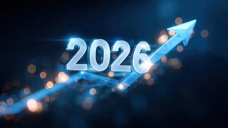 A 2026 digital hologram with upward arrow representing growth and progress, illuminated with blue light and sparkles, conveying sense of optimism and future potentialの素材
