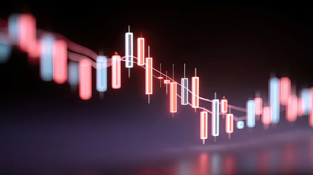 A closeup of digital stock chart showing downward trend with red and white candlestick patterns, reflecting market fluctuations and investor sentimentの素材