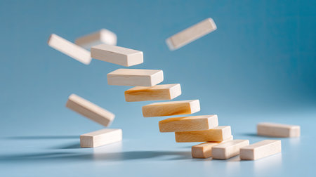 A falling wooden dominoes create dynamic scene of motion and balance, showcasing beauty of physics and design. light blue background enhances visual appeal of arrangementの素材