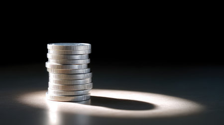 A stacked coins illuminated by dramatic lighting create striking visual effect, emphasizing their metallic texture and shine. contrast against dark background adds depth and intrigueの素材