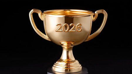 A closeup of shiny golden trophy featuring year 2026 inscribed on its surface, symbolizing achievement and success. this elegant trophy stands on black base, radiating prestige and honorの素材