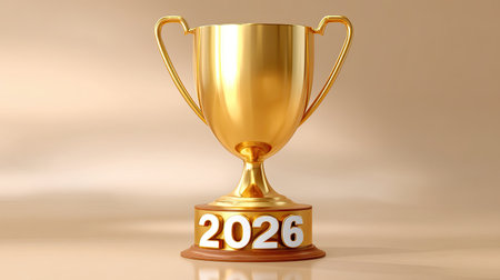 A shiny golden trophy with wooden base, featuring year 2026 prominently displayed. this award symbolizes achievement and success, perfect for celebrating milestonesの素材