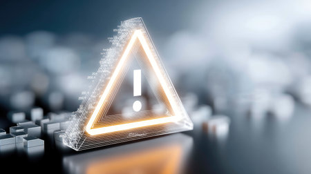 A warning icon in triangular shape with glowing edges, symbolizing caution and alertness in digital environment. background features blurred geometric shapes, enhancing focus on iconの素材