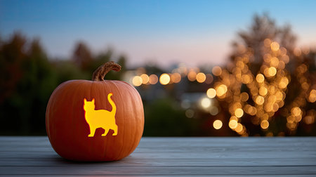 A beautifully carved pumpkin featuring cat silhouette, illuminated against soft, blurred background of autumn lights. this festive decoration captures essence of halloweenの素材