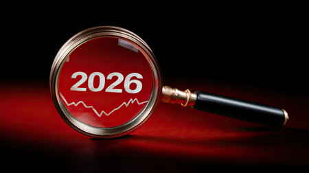 A closeup of magnifying glass focusing on year 2026, with red background and graph line, symbolizing analysis and future projections. image evokes curiosity and anticipationの素材