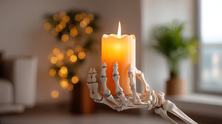 A closeup of skeleton hand holding glowing candle, creating warm and eerie atmosphere in modern interior setting with soft bokeh lights in backgroundの素材