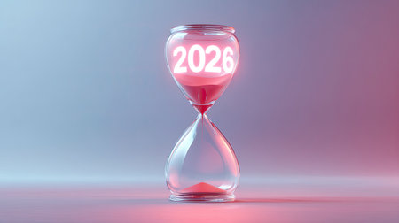 A closeup of modern hourglass featuring glowing numbers indicating year 2026, symbolizing passage of time and anticipation of future events. soft gradient background enhances visual appealの素材