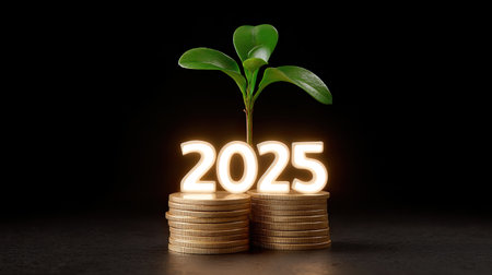 A plant growing from stack of coins symbolizes financial growth and sustainability, with year 2025 highlighted, representing future potential and investment opportunitiesの素材