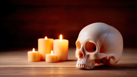 A closeup of human skull placed beside lit candles on wooden table, creating mysterious and atmospheric setting. warm glow of candles enhances eerie yet intriguing ambianceの素材