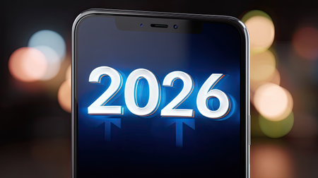 A closeup of smartphone screen displaying year 2026 with upward arrows, symbolizing progress and innovation in technology. vibrant background adds futuristic feelの素材