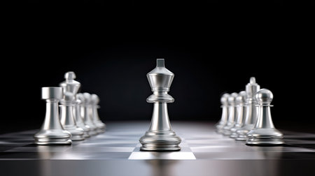 A silver chess set is displayed chessboard, featuring dramatic lighting that enhances sleek design of pieces. king stands prominently center, surrounded by other pieces, creating striking visualの素材