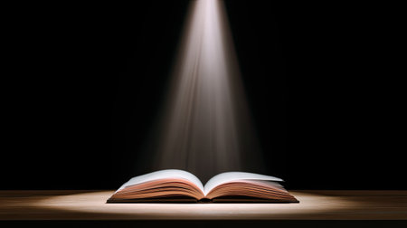 An open book illuminated by dramatic spotlight in dark setting creates moody atmosphere, inviting curiosity and reflection. contrast between light and shadow enhances visual impactの素材