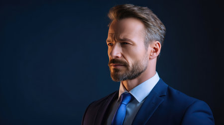 A confident businessman in suit stands against dark background, showcasing dramatic lighting that highlights his features and expression. image conveys professionalism and determinationの素材