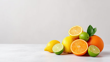 A fresh citrus fruits including lemons, limes, and oranges are beautifully arranged on light background, showcasing their vibrant colors and textures, evoking sense of freshness and vitalityの素材